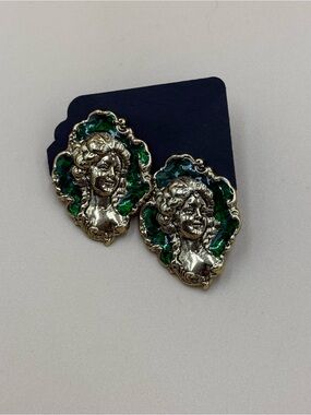 Vintage-Inspired Baroque Hammered Gold w/ Green Enamel Portrait Stud Earrings